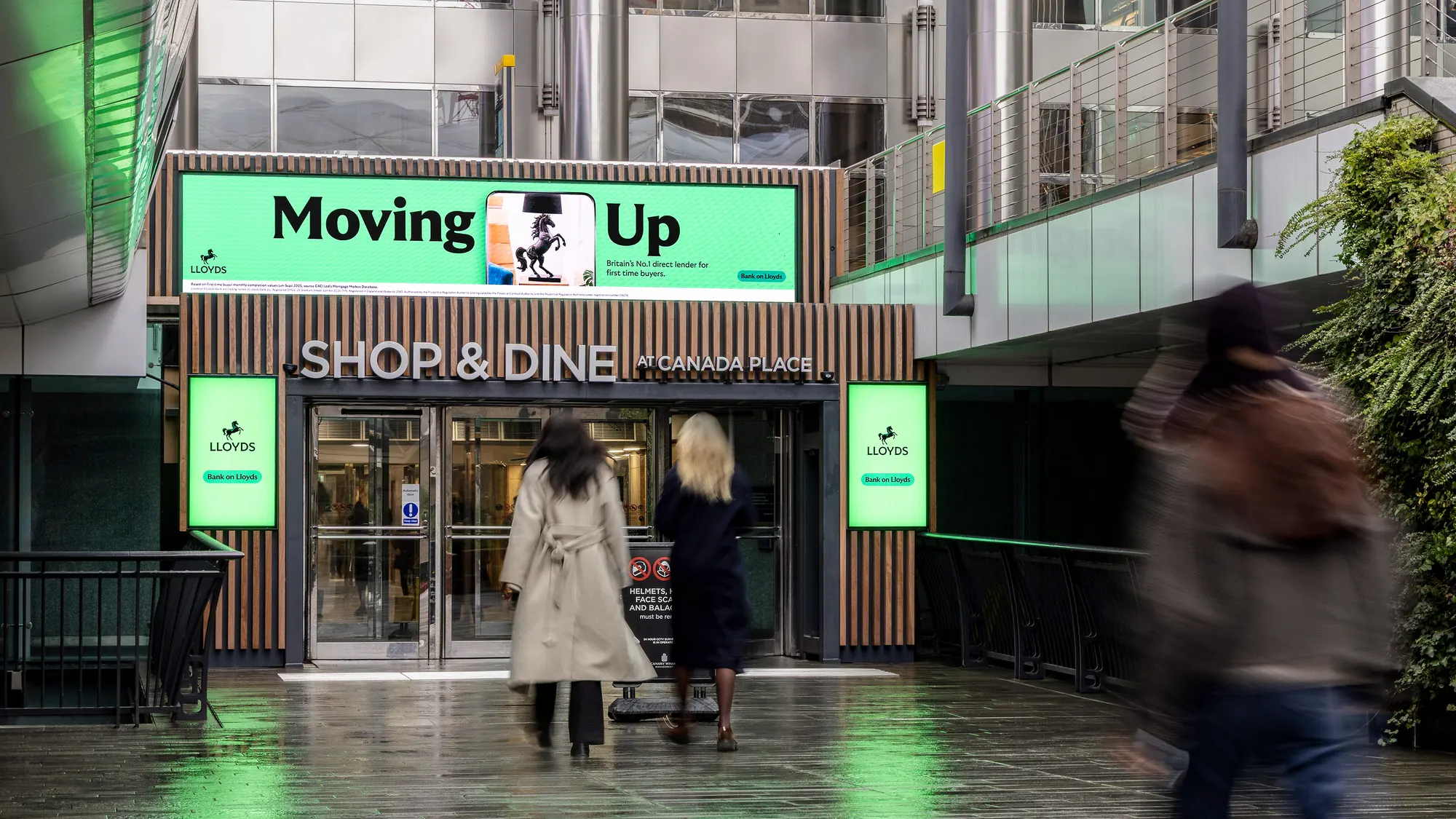 Moving Up above the entrance to Canada Place, Canary Wharf