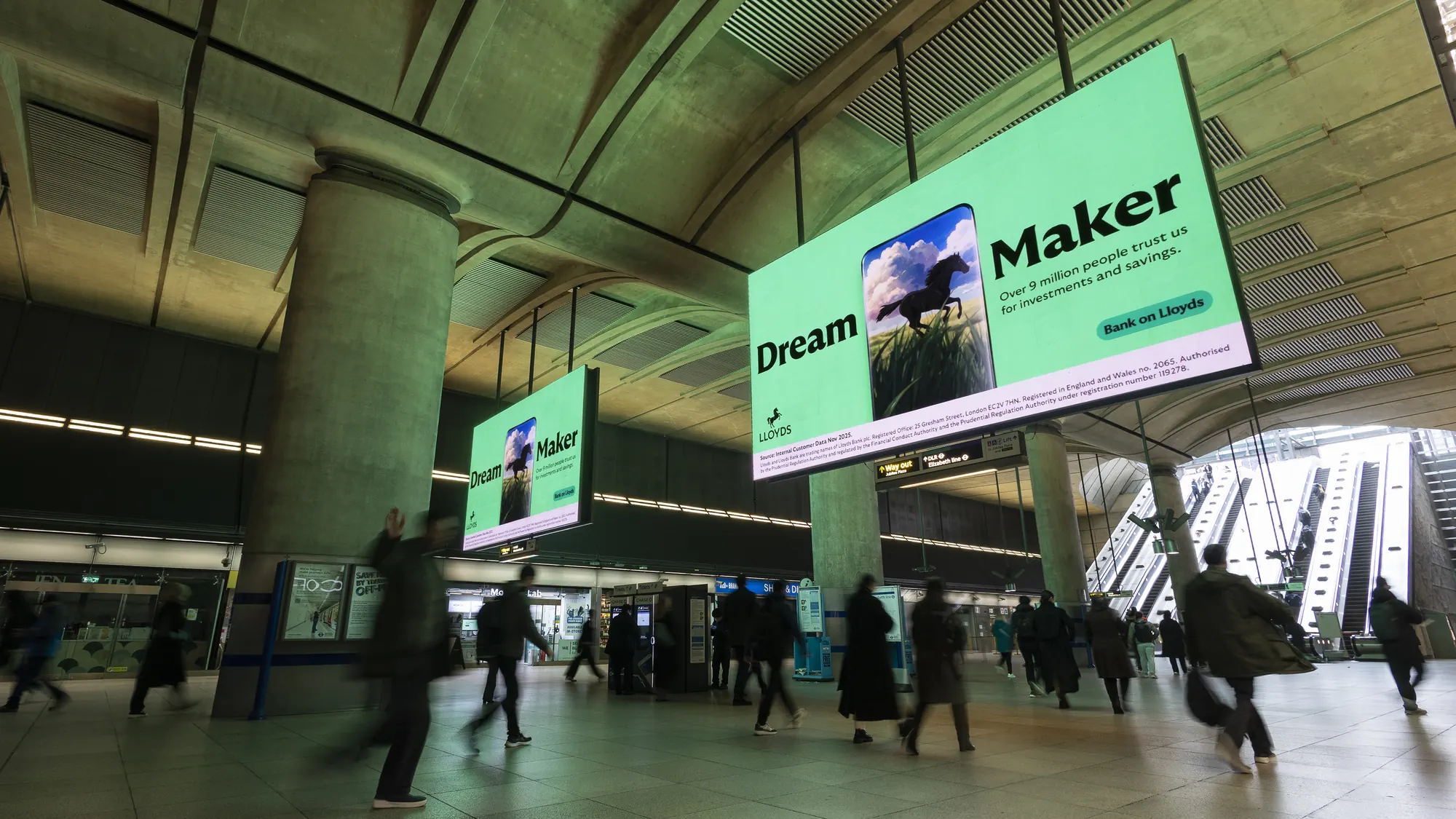 Dream Maker on the hanging screens at Canary Wharf station