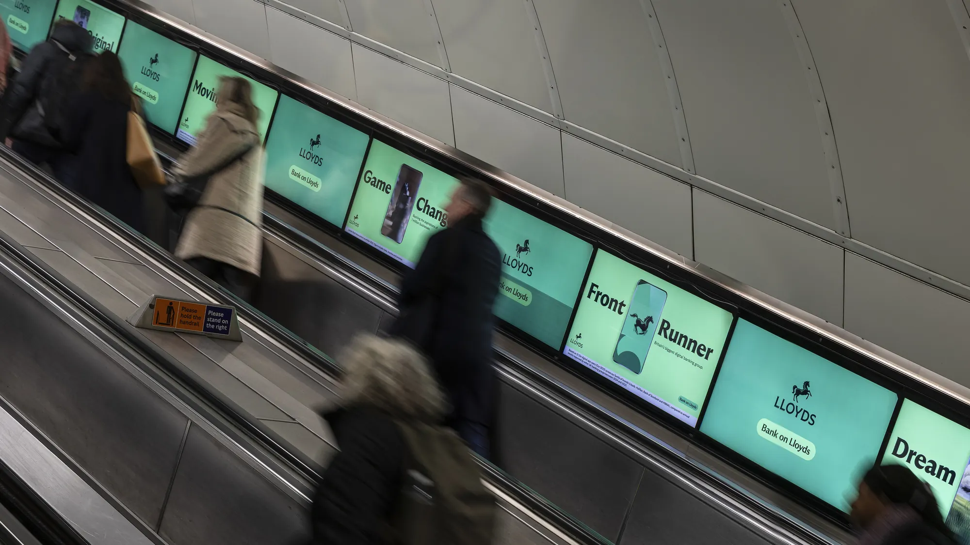 The animations on escalator screens at Waterloo Underground
